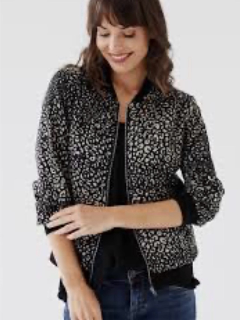 Edgy & Bold Black White Leopard-Print Full Zip Bomber Jacket She & Sky Sz Large